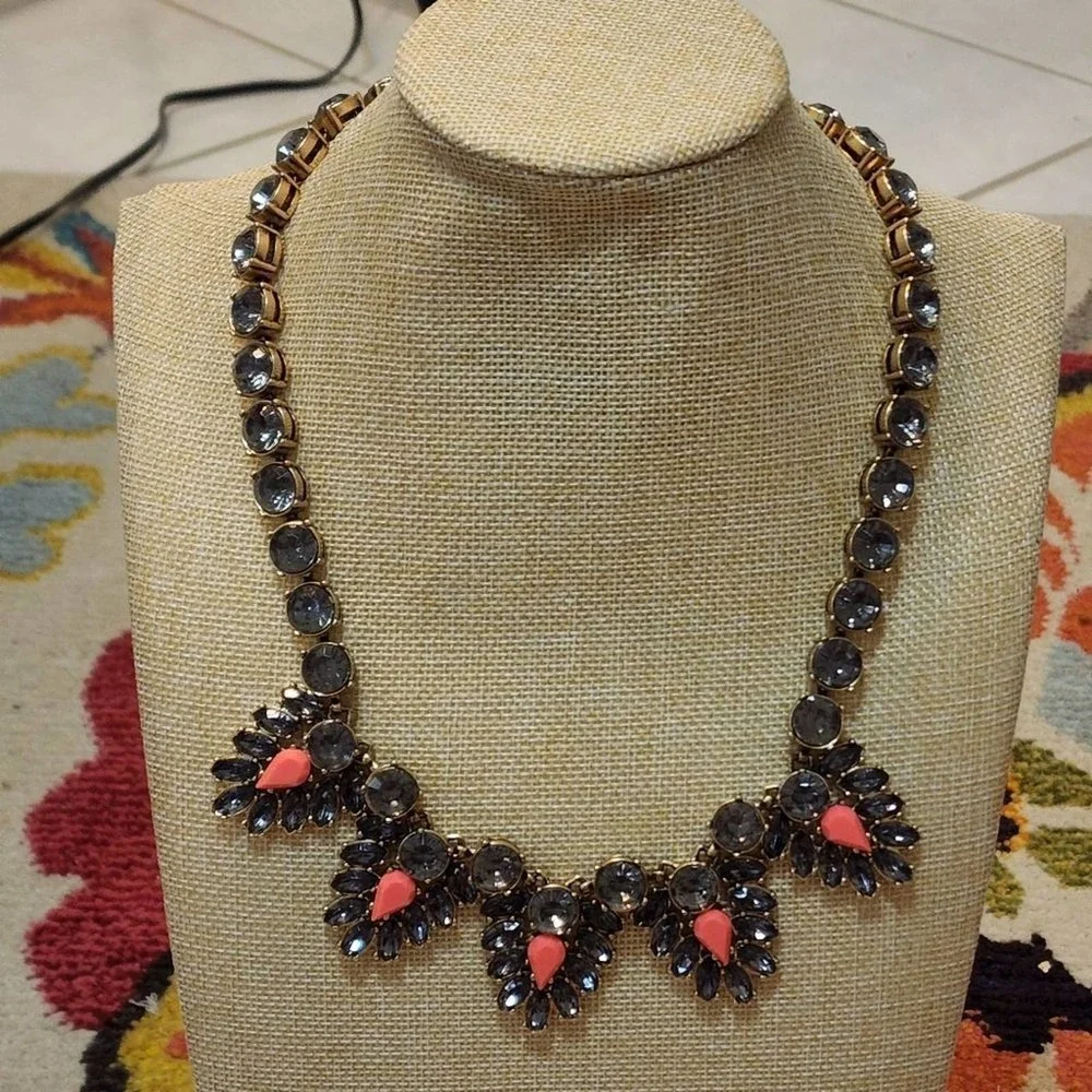 J. Crew navy‎ and coral jeweled art deco BRÛLÉE statement necklace